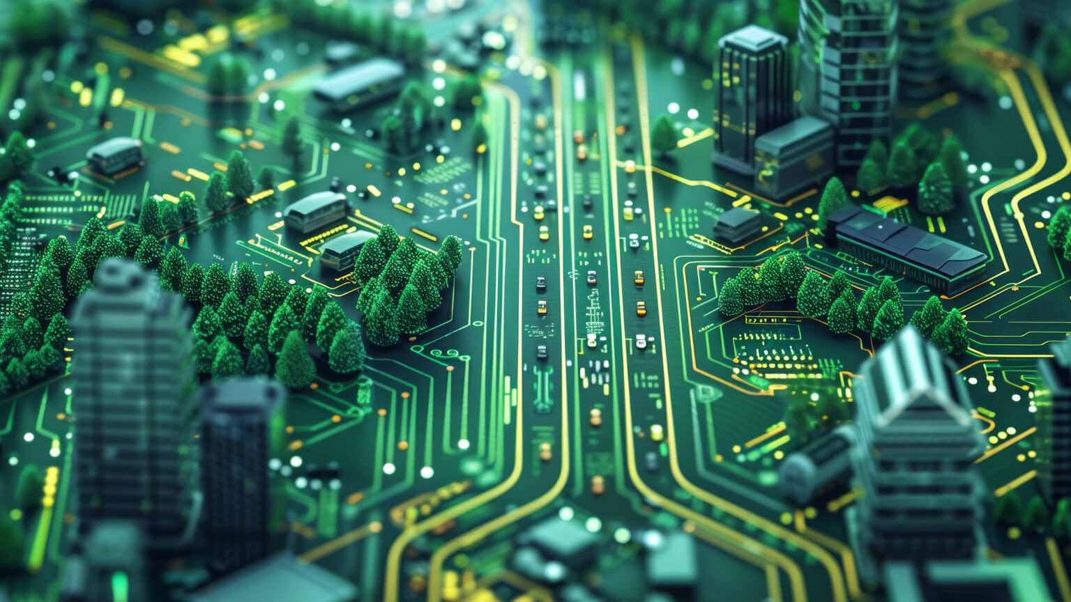Detailansicht einer digitalen Stadtlandschaft mit Straßen und Gebäuden auf einer Leiterplatte.