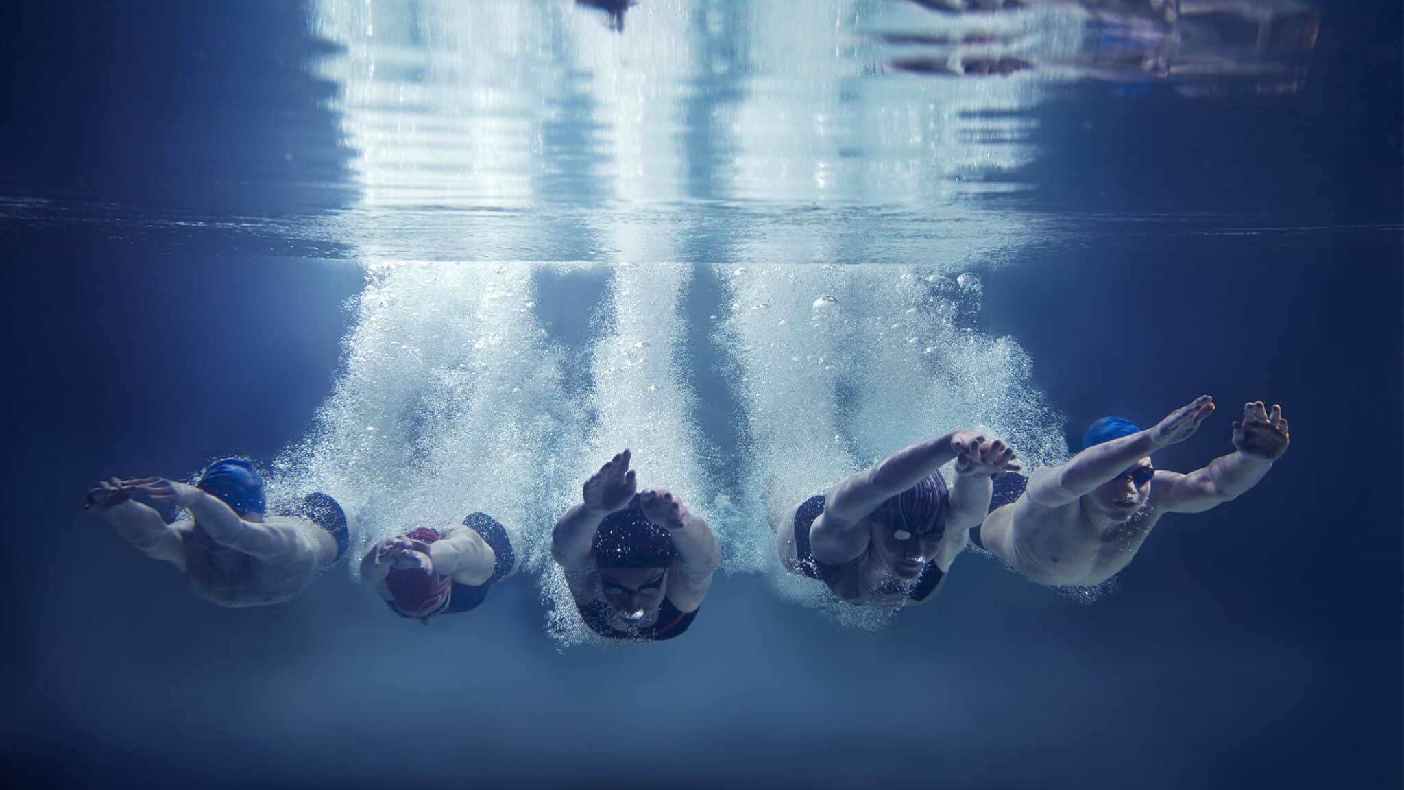 Vier Schwimmer tauchen synchron unter Wasser in einem Schwimmbecken.