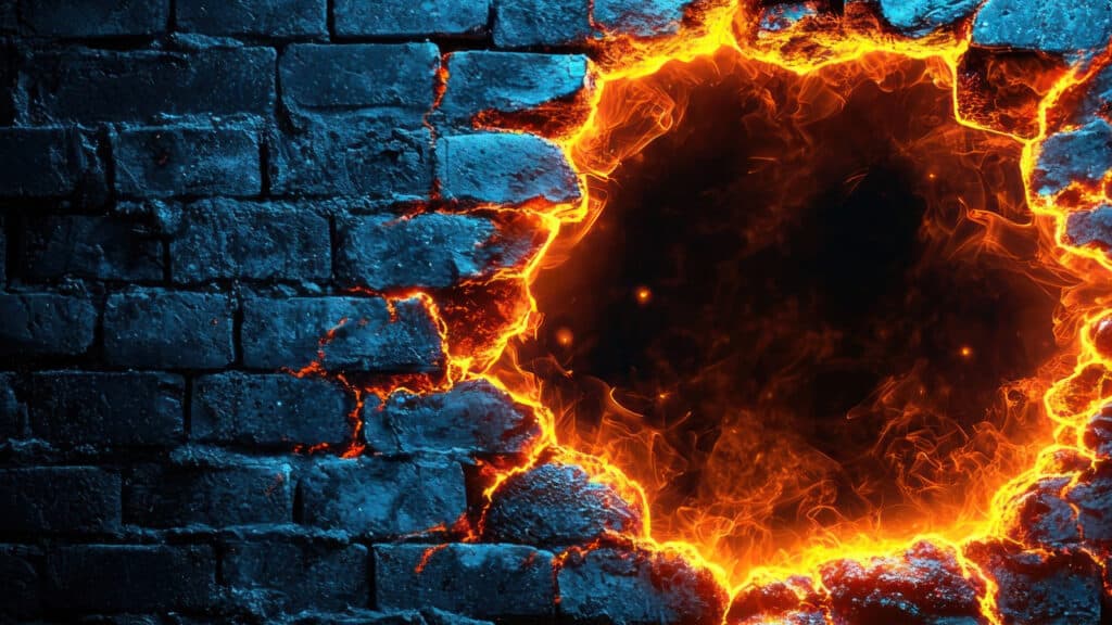 Ziegelwand mit einem brennenden Loch, umgeben von glühenden Flammen und rauchigen Effekten.
