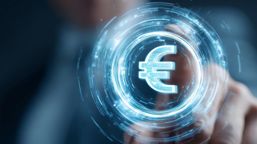 Holografische Darstellung eines Euro-Symbols in digitaler Form mit technologischen Elementen.