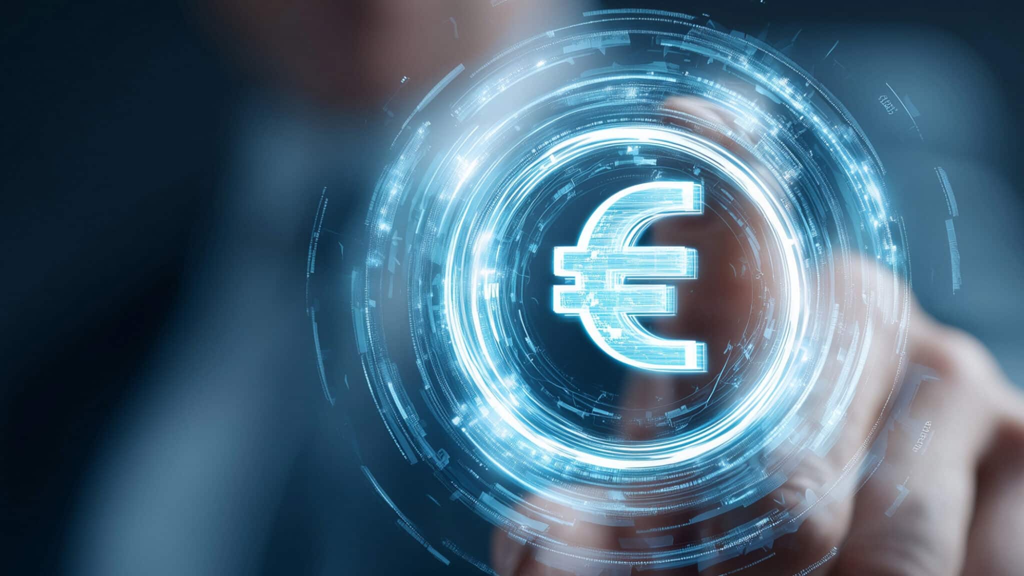 Holografische Darstellung eines Euro-Symbols in digitaler Form mit technologischen Elementen.